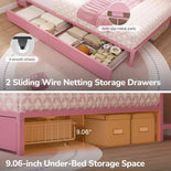 DICTAC | Corner Bed with Storage Drawers, Bookcase Headboard, Charging Station & LED Lights - Pink