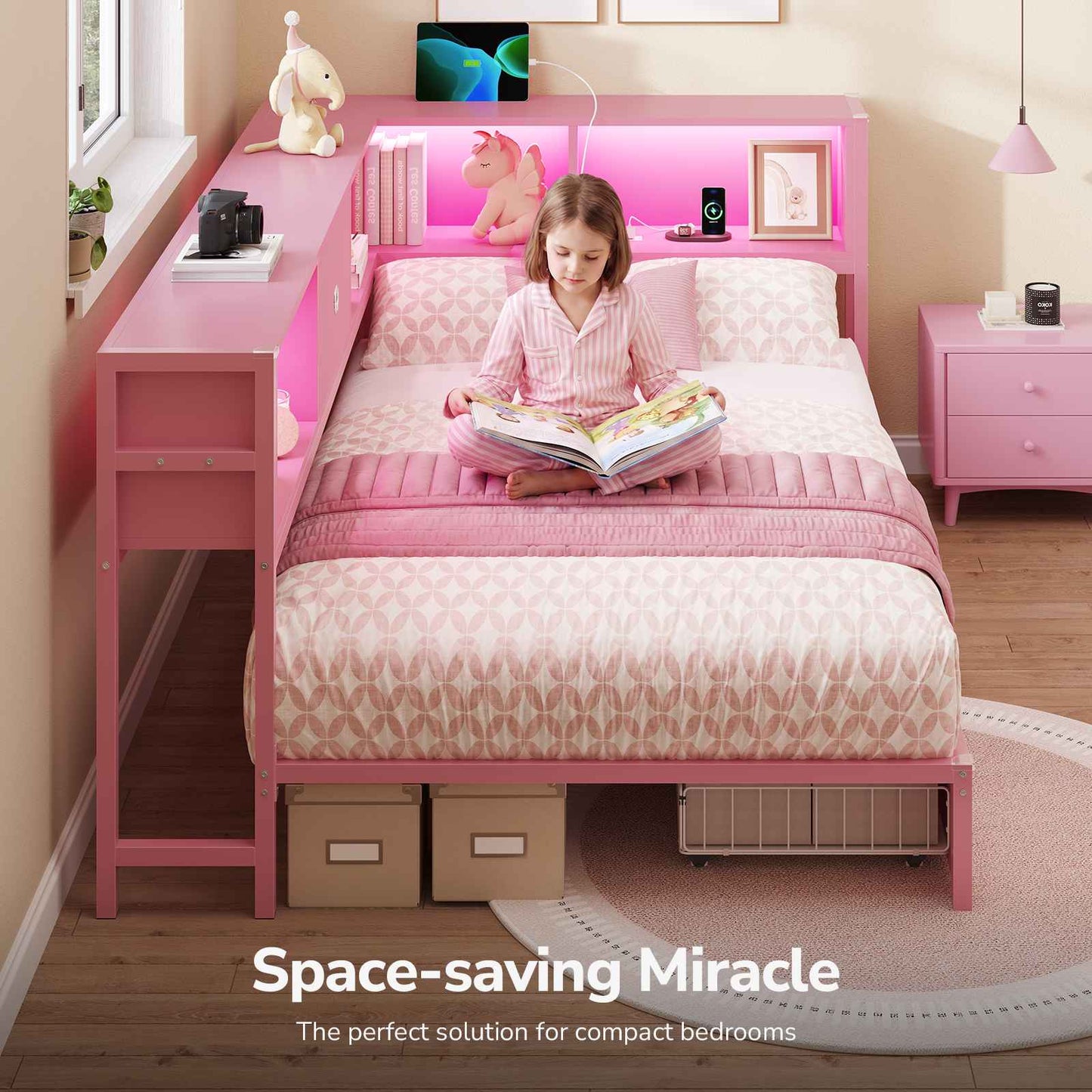 DICTAC | Twin Corner Bed Frame with Storage Drawers, Bookcase Headboard & LED Lights, Pink Platform Daybed for Girls with Charging Station, Metal Corner Bed Frame
