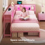 DICTAC | Corner Bed with Storage Drawers, Bookcase Headboard, Charging Station & LED Lights - Pink