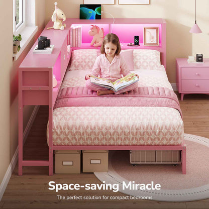 DICTAC | Twin Corner Bed Frame with Storage Drawers, Bookcase Headboard & LED Lights, Pink Platform Daybed for Girls with Charging Station, Metal Corner Bed Frame