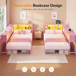DICTAC | Corner Bed with Storage Drawers, Bookcase Headboard, Charging Station & LED Lights - Pink