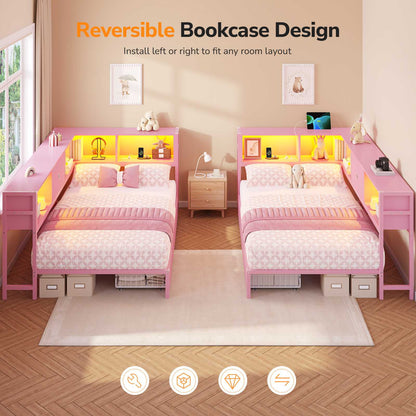 DICTAC | Twin Corner Bed Frame with Storage Drawers, Bookcase Headboard & LED Lights, Pink Platform Daybed for Girls with Charging Station, Metal Corner Bed Frame