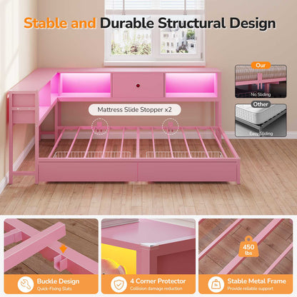 DICTAC | Twin Corner Bed Frame with Storage Drawers, Bookcase Headboard & LED Lights, Pink Platform Daybed for Girls with Charging Station, Metal Corner Bed Frame