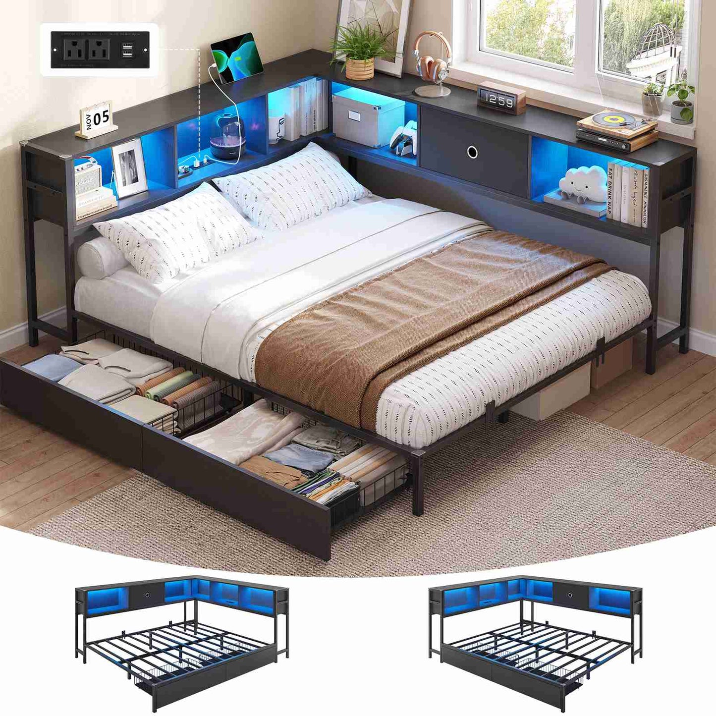 DICTAC | Corner Bed Frame with Storage, Bookcase Headboard, LED Lights & Charging Station – Metal Daybed with Drawers for Kids & Teens (Black)