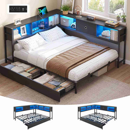 DICTAC | Corner Bed Frame with Storage, Bookcase Headboard, LED Lights & Charging Station – Metal Daybed with Drawers for Kids & Teens (Black)