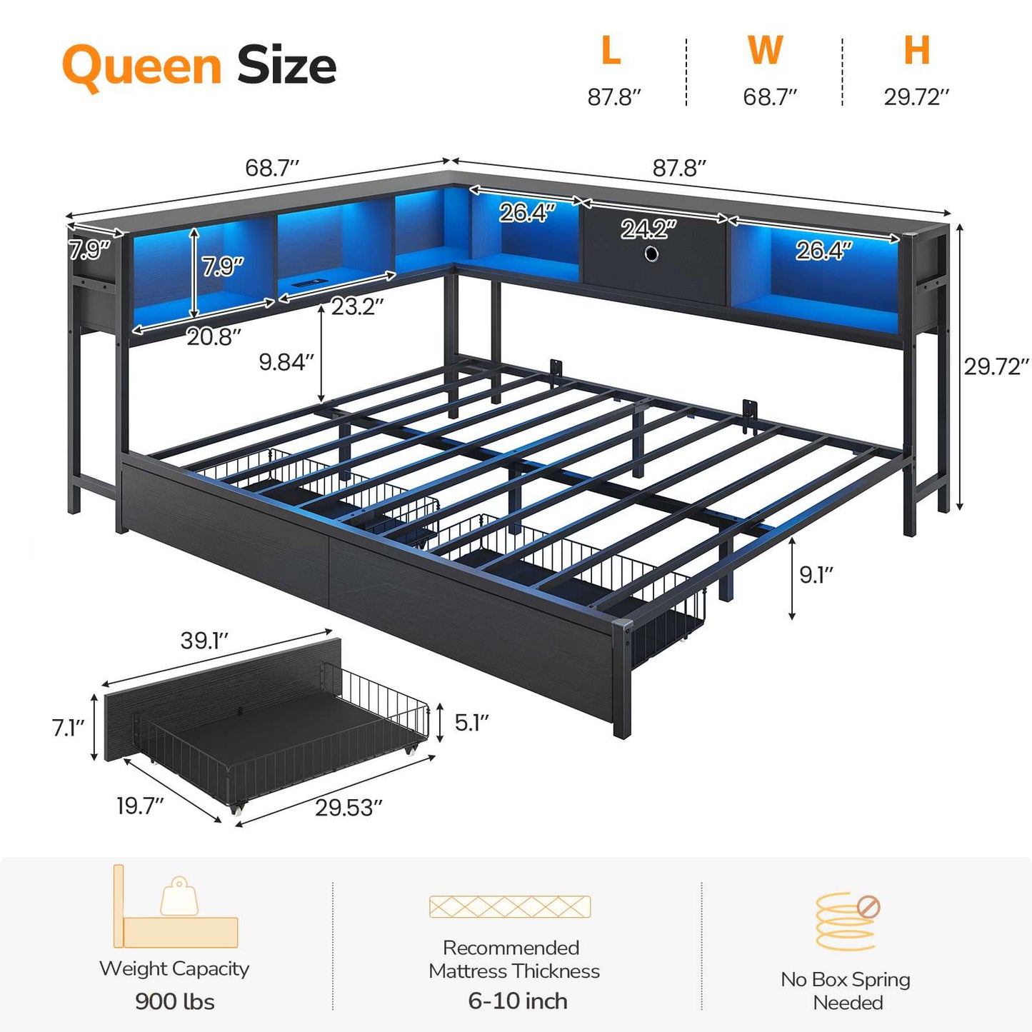 DICTAC | Corner Bed Frame with Storage, Bookcase Headboard, LED Lights & Charging Station – Metal Daybed with Drawers for Kids & Teens (Black)