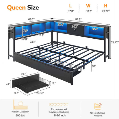 DICTAC | Corner Bed Frame with Storage, Bookcase Headboard, LED Lights & Charging Station – Metal Daybed with Drawers for Kids & Teens (Black)