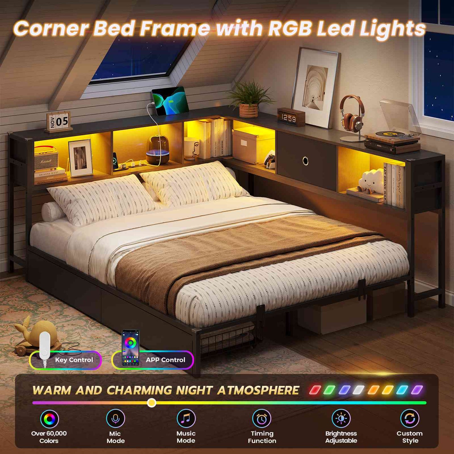DICTAC | Corner Bed Frame with Storage, Bookcase Headboard, LED Lights & Charging Station – Metal Daybed with Drawers for Kids & Teens (Black)