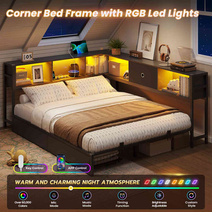 DICTAC | Corner Bed Frame with Storage, Bookcase Headboard, LED Lights & Charging Station – Metal Daybed with Drawers for Kids & Teens (Black)