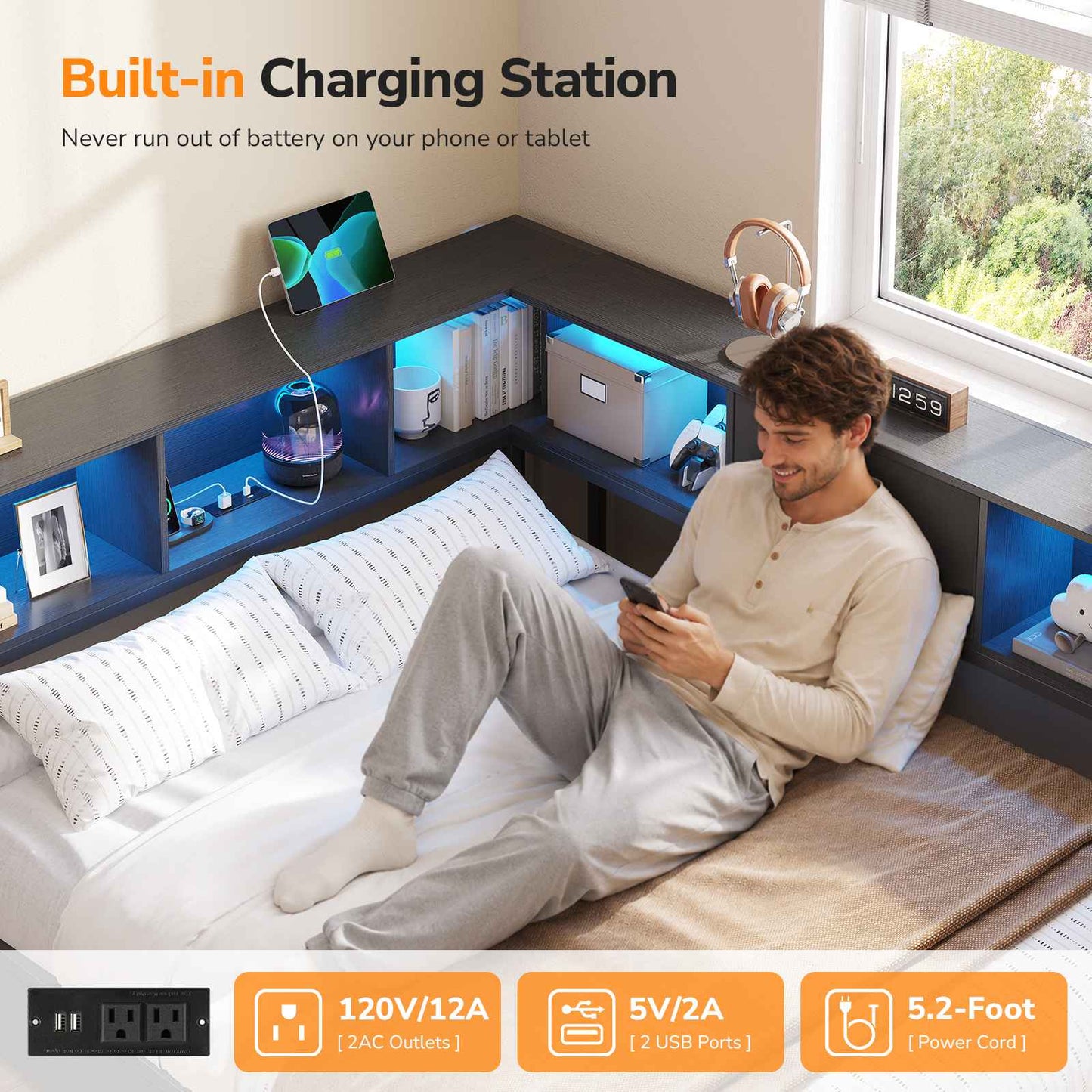 DICTAC | Corner Bed Frame with Storage, Bookcase Headboard, LED Lights & Charging Station – Metal Daybed with Drawers for Kids & Teens (Black)