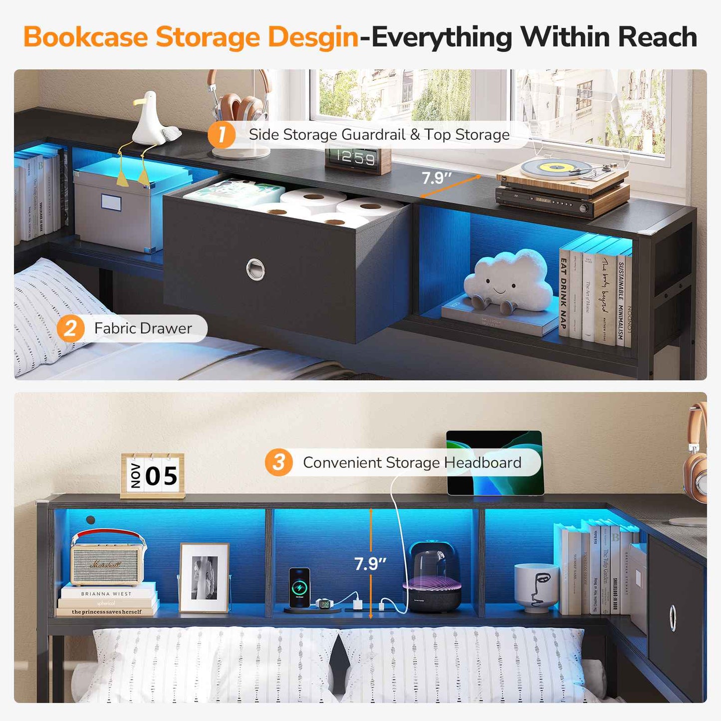 DICTAC | Corner Bed Frame with Storage, Bookcase Headboard, LED Lights & Charging Station – Metal Daybed with Drawers for Kids & Teens (Black)