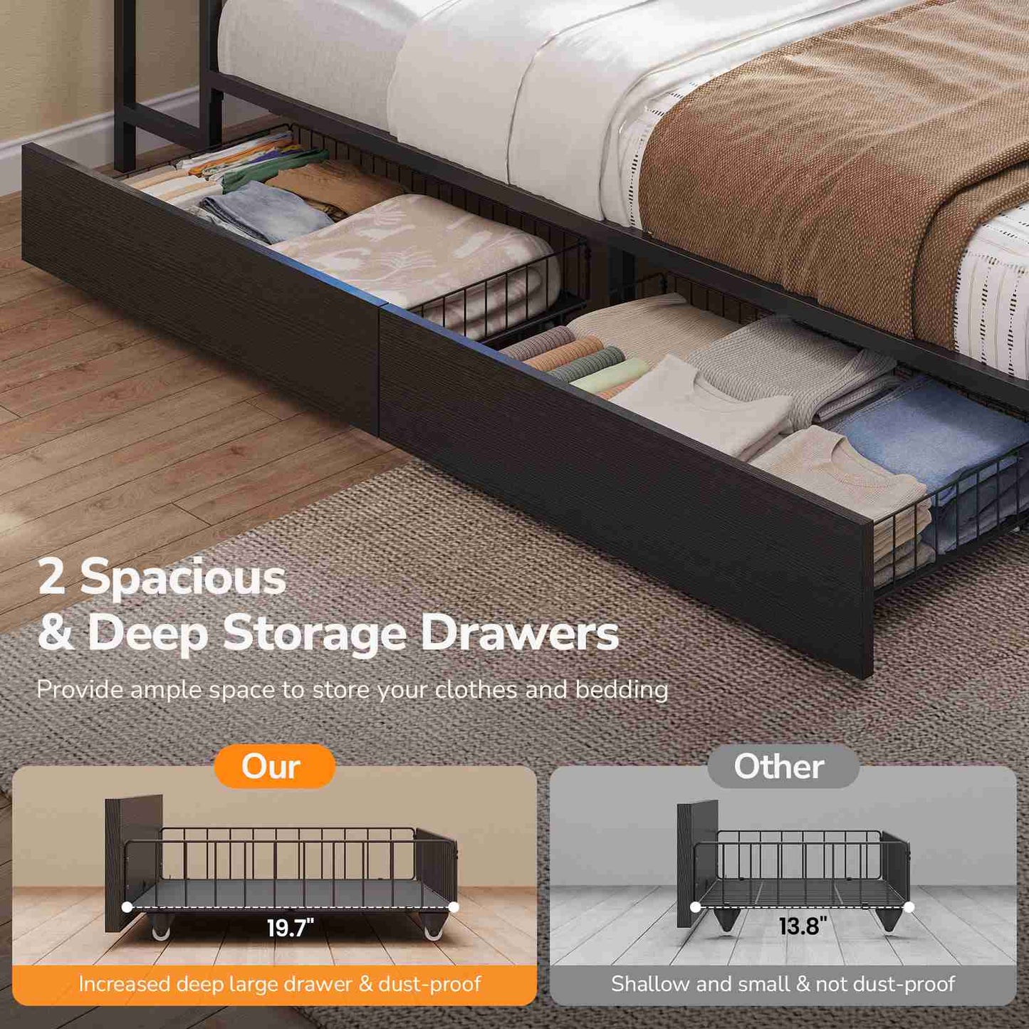 DICTAC | Corner Bed Frame with Storage, Bookcase Headboard, LED Lights & Charging Station – Metal Daybed with Drawers for Kids & Teens (Black)