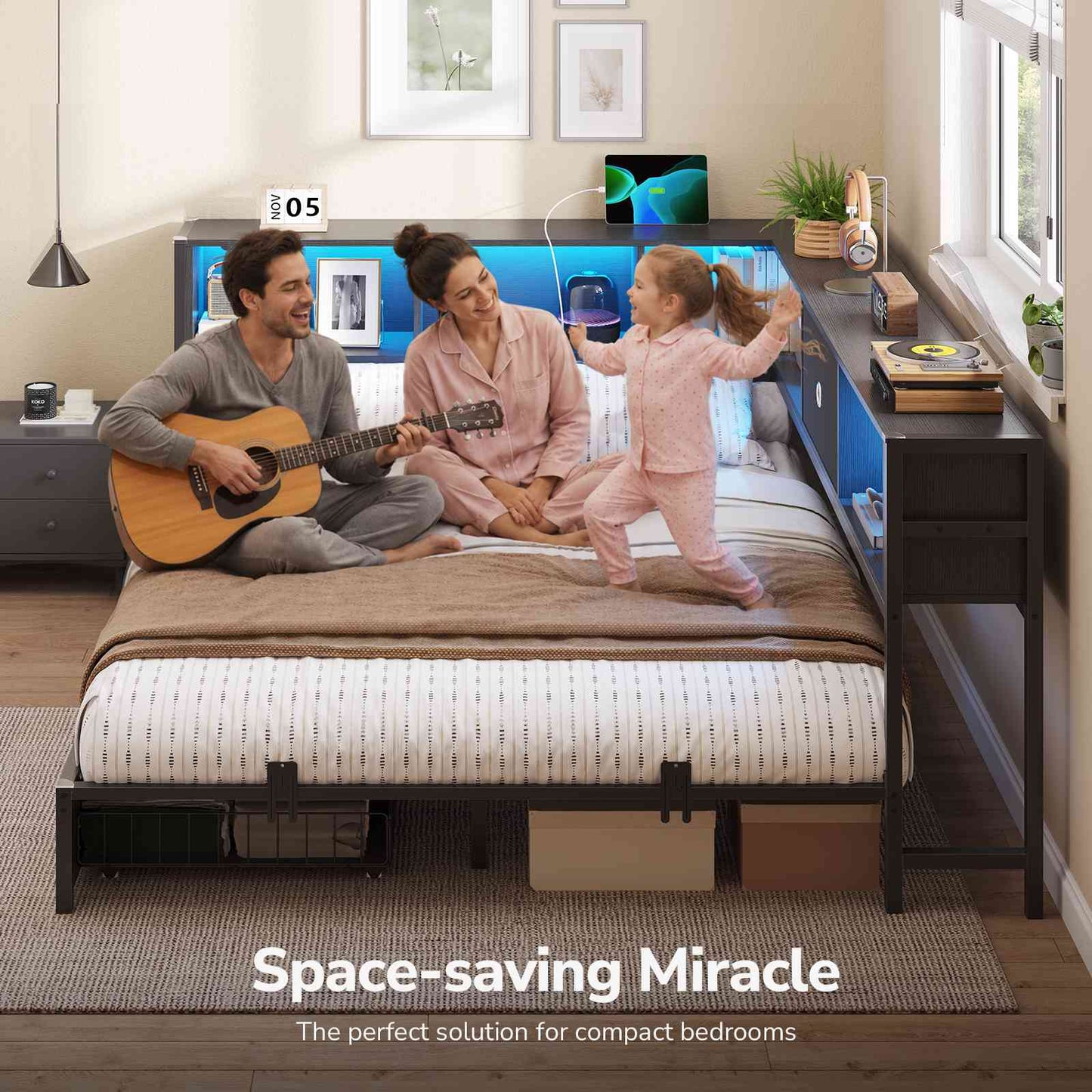 DICTAC | Corner Bed Frame with Storage, Bookcase Headboard, LED Lights & Charging Station – Metal Daybed with Drawers for Kids & Teens (Black)
