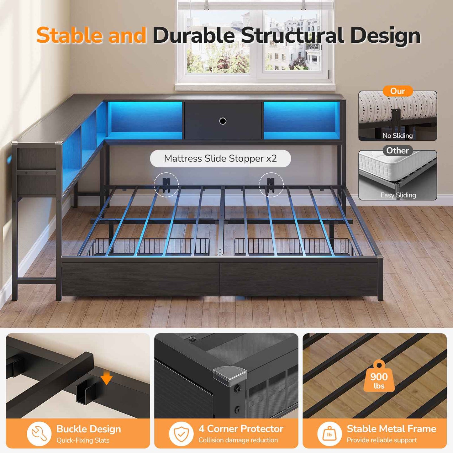 DICTAC | Corner Bed Frame with Storage, Bookcase Headboard, LED Lights & Charging Station – Metal Daybed with Drawers for Kids & Teens (Black)
