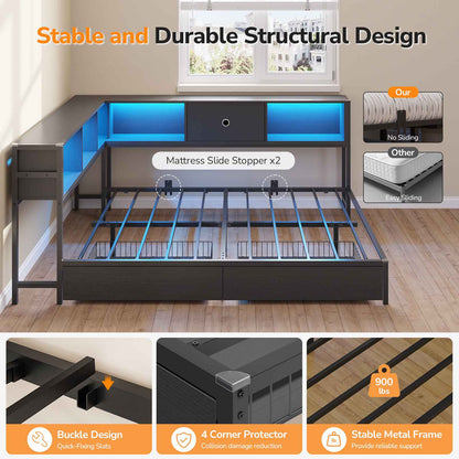 DICTAC | Corner Bed Frame with Storage, Bookcase Headboard, LED Lights & Charging Station – Metal Daybed with Drawers for Kids & Teens (Black)