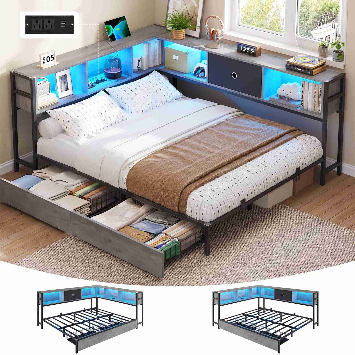 DICTAC | Corner Bed Frame with Storage, Bookcase Headboard, LED Lights & Charging Station – Metal Daybed with Drawers for Kids & Teens (Oak Gray)