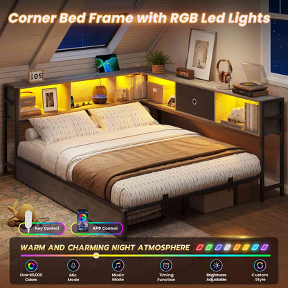 DICTAC | Corner Bed Frame with Storage, Bookcase Headboard, LED Lights & Charging Station – Metal Daybed with Drawers for Kids & Teens (Oak Gray)