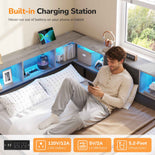 DICTAC | Corner Bed Frame with Storage, Bookcase Headboard, LED Lights & Charging Station – Metal Daybed with Drawers for Kids & Teens (Oak Gray)