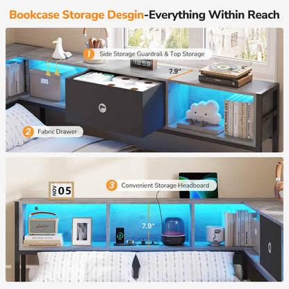 DICTAC | Corner Bed Frame with Storage, Bookcase Headboard, LED Lights & Charging Station – Metal Daybed with Drawers for Kids & Teens (Oak Gray)