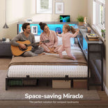 DICTAC | Corner Bed Frame with Storage, Bookcase Headboard, LED Lights & Charging Station – Metal Daybed with Drawers for Kids & Teens (Oak Gray)