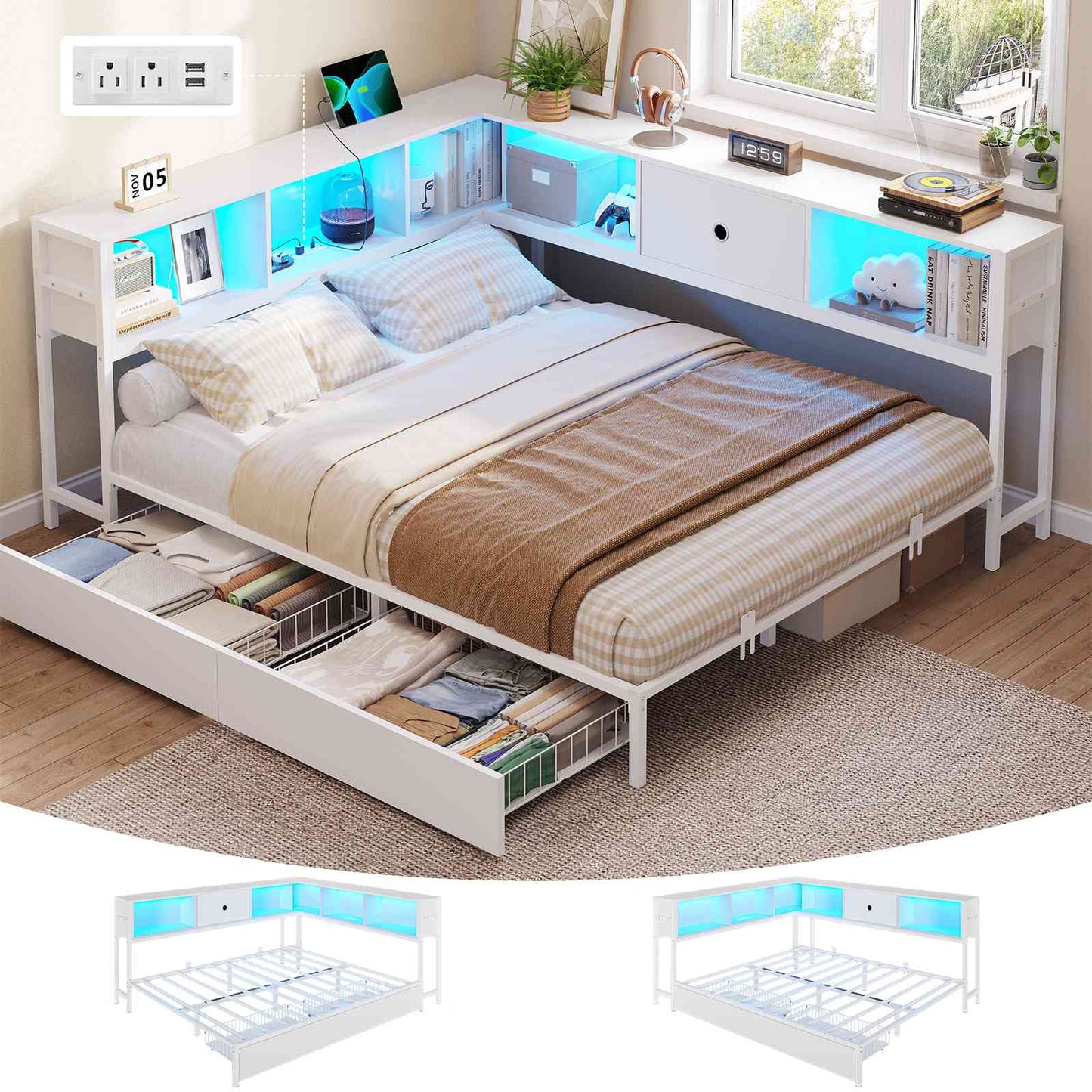 DICTAC | Corner Bed Frame with Storage, Bookcase Headboard, LED Lights & Charging Station – Metal Daybed with Drawers for Kids & Teens (White)