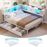 DICTAC | Corner Bed Frame with Storage, Bookcase Headboard, LED Lights & Charging Station – Metal Daybed with Drawers for Kids & Teens (White)