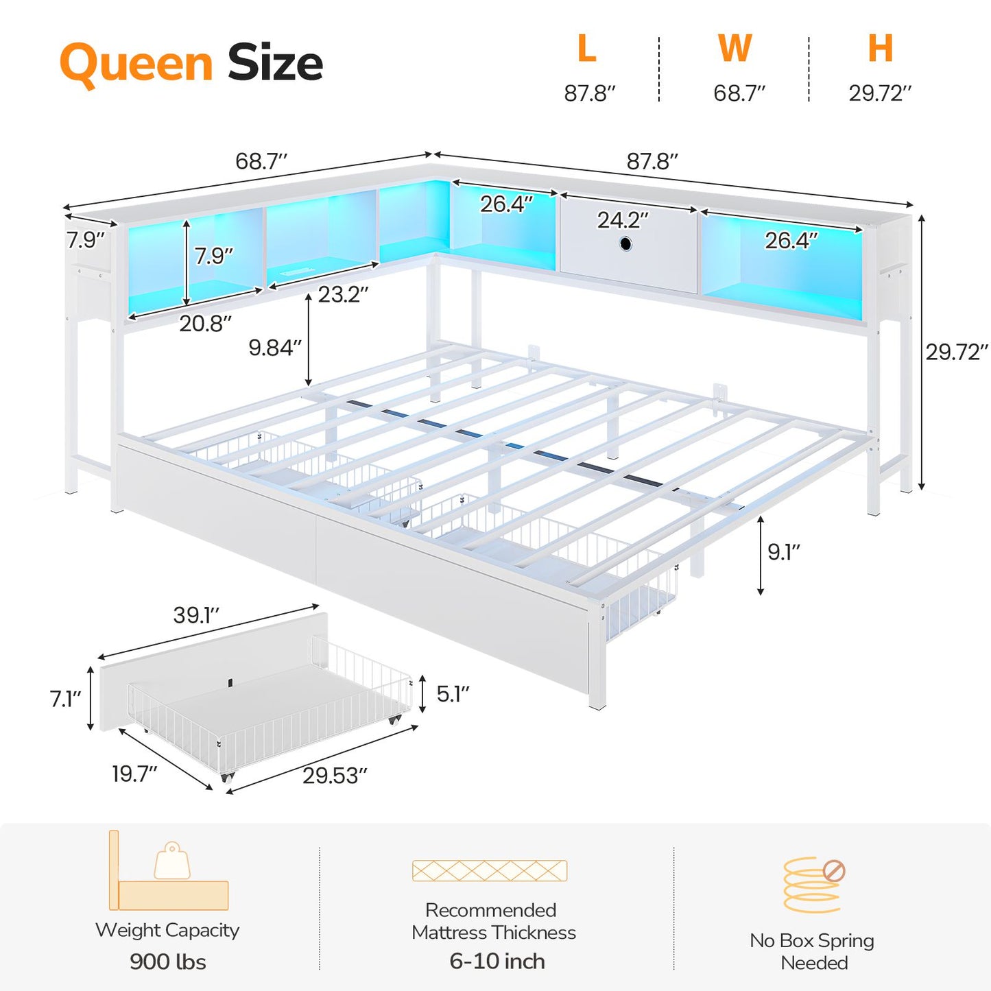 DICTAC | Corner Bed Frame with Storage, Bookcase Headboard, LED Lights & Charging Station – Metal Daybed with Drawers for Kids & Teens (White)