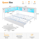 DICTAC | Corner Bed Frame with Storage, Bookcase Headboard, LED Lights & Charging Station – Metal Daybed with Drawers for Kids & Teens (White)