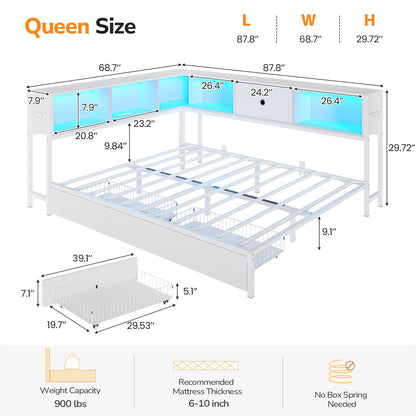 DICTAC | Corner Bed Frame with Storage, Bookcase Headboard, LED Lights & Charging Station – Metal Daybed with Drawers for Kids & Teens (White)