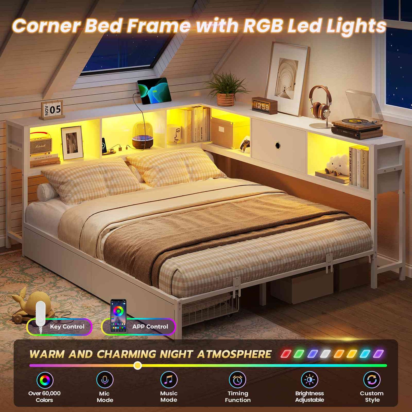 DICTAC | Corner Bed Frame with Storage, Bookcase Headboard, LED Lights & Charging Station – Metal Daybed with Drawers for Kids & Teens (White)
