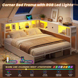 DICTAC | Corner Bed Frame with Storage, Bookcase Headboard, LED Lights & Charging Station – Metal Daybed with Drawers for Kids & Teens (White)