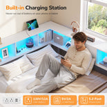 DICTAC | Corner Bed Frame with Storage, Bookcase Headboard, LED Lights & Charging Station – Metal Daybed with Drawers for Kids & Teens (White)