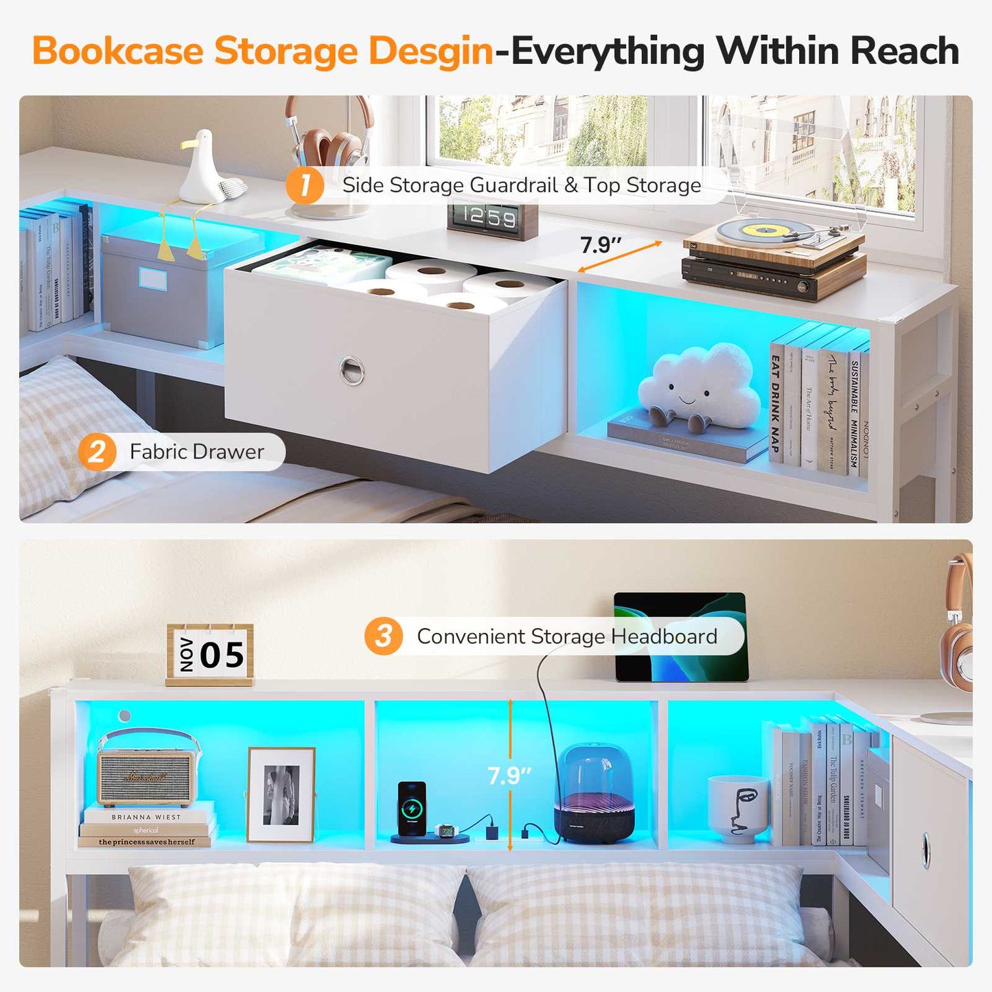 DICTAC | Corner Bed Frame with Storage, Bookcase Headboard, LED Lights & Charging Station – Metal Daybed with Drawers for Kids & Teens (White)