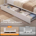 DICTAC | Corner Bed Frame with Storage, Bookcase Headboard, LED Lights & Charging Station – Metal Daybed with Drawers for Kids & Teens (White)