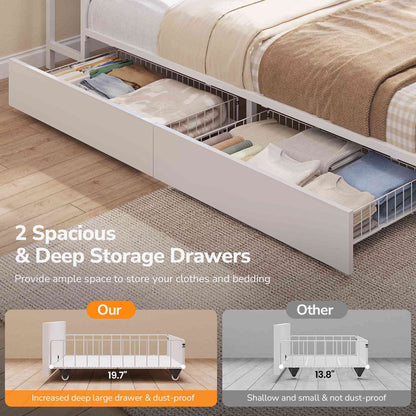 DICTAC | Corner Bed Frame with Storage, Bookcase Headboard, LED Lights & Charging Station – Metal Daybed with Drawers for Kids & Teens (White)