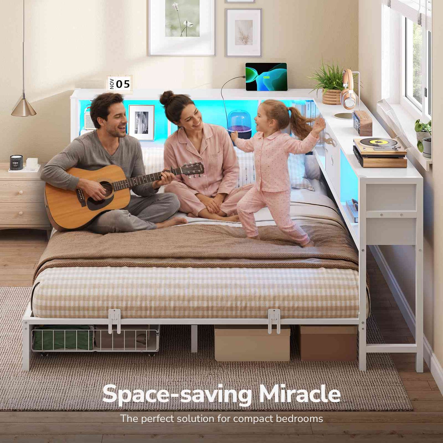 DICTAC | Corner Bed Frame with Storage, Bookcase Headboard, LED Lights & Charging Station – Metal Daybed with Drawers for Kids & Teens (White)