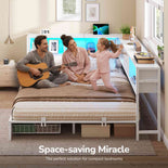 DICTAC | Corner Bed Frame with Storage, Bookcase Headboard, LED Lights & Charging Station – Metal Daybed with Drawers for Kids & Teens (White)