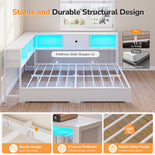 DICTAC | Corner Bed Frame with Storage, Bookcase Headboard, LED Lights & Charging Station – Metal Daybed with Drawers for Kids & Teens (White)