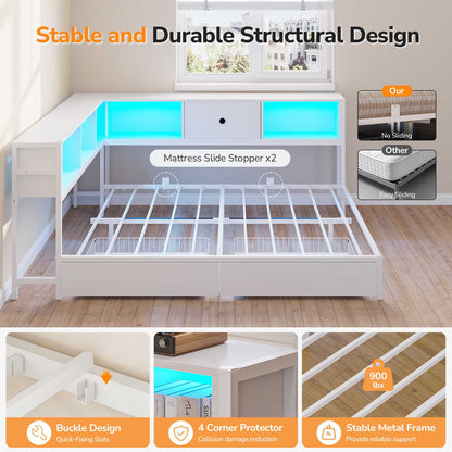 DICTAC | Corner Bed Frame with Storage, Bookcase Headboard, LED Lights & Charging Station – Metal Daybed with Drawers for Kids & Teens (White)