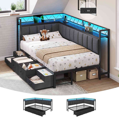 DICTAC | Corner Bed Frame with 6 Storage Drawers, Upholstered Guardrail, Charging Station, Storage Shelves & LED Lights, Modern Platform Daybed for Kids, Teens & Adults, Grey