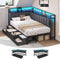 DICTAC | Corner Bed Frame with 6 Storage Drawers, Upholstered Guardrail, Charging Station, Storage Shelves & LED Lights, Modern Platform Daybed for Kids, Teens & Adults, Grey