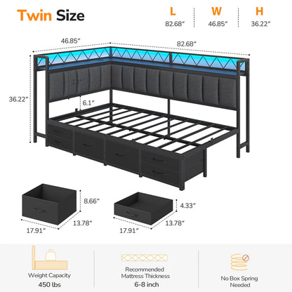 DICTAC | Corner Bed Frame with 6 Storage Drawers, Upholstered Guardrail, Charging Station, Storage Shelves & LED Lights, Modern Platform Daybed for Kids, Teens & Adults, Grey