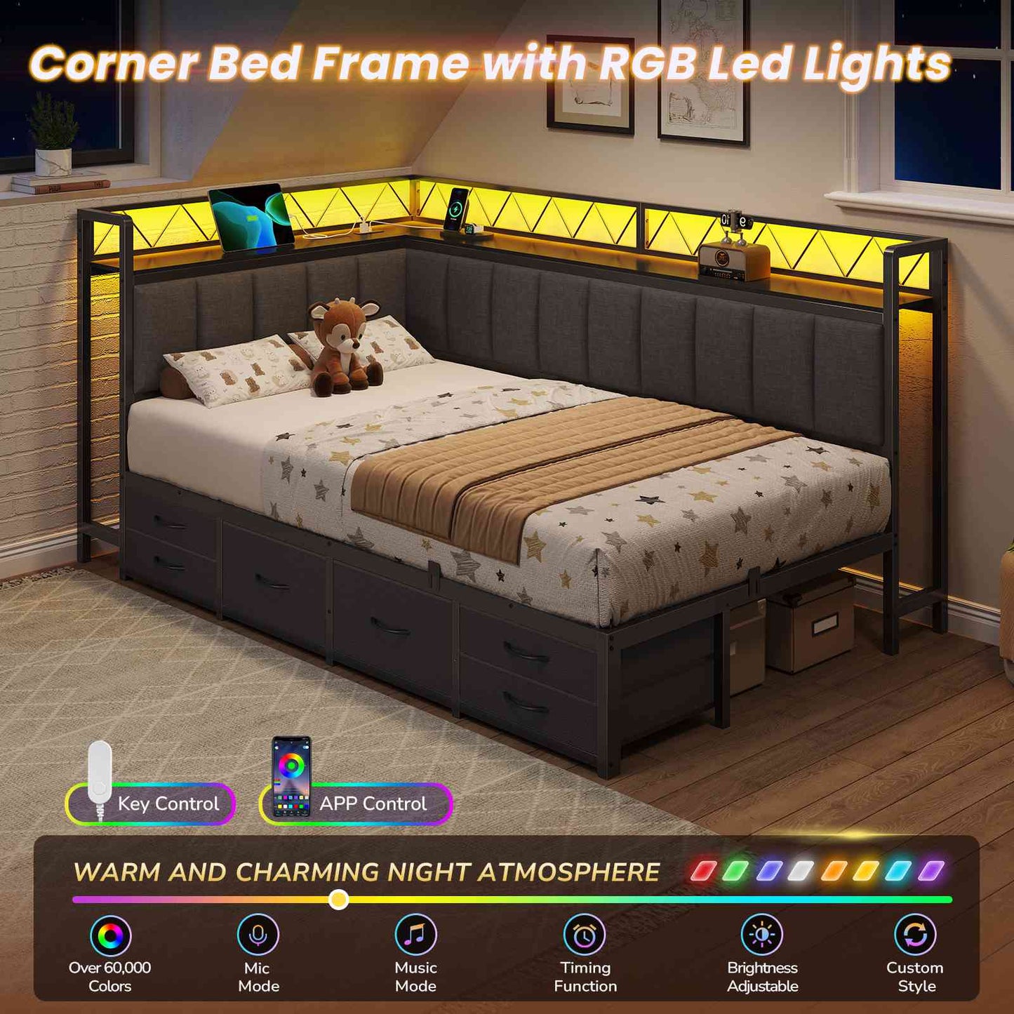 DICTAC | Corner Bed Frame with 6 Storage Drawers, Upholstered Guardrail, Charging Station, Storage Shelves & LED Lights, Modern Platform Daybed for Kids, Teens & Adults, Grey