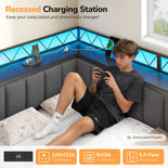 DICTAC | Corner Bed with 6 Storage Drawers, Shelves, Charging Station & LED Lights  - Grey