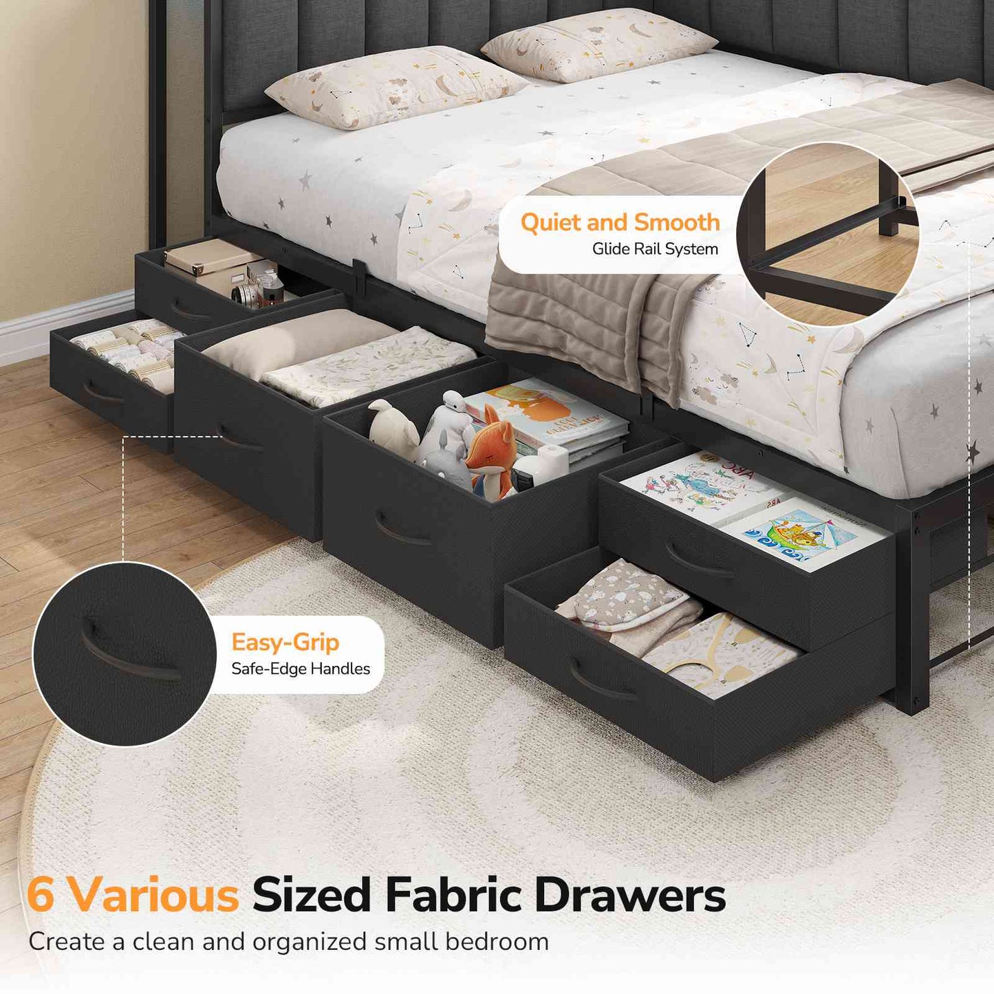 DICTAC | Corner Bed Frame with 6 Storage Drawers, Upholstered Guardrail, Charging Station, Storage Shelves & LED Lights, Modern Platform Daybed for Kids, Teens & Adults, Grey
