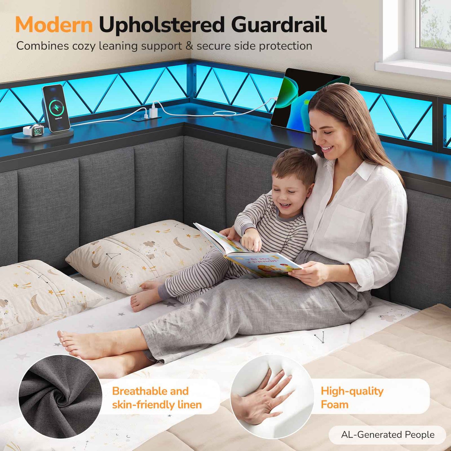 DICTAC | Corner Bed Frame with 6 Storage Drawers, Upholstered Guardrail, Charging Station, Storage Shelves & LED Lights, Modern Platform Daybed for Kids, Teens & Adults, Grey