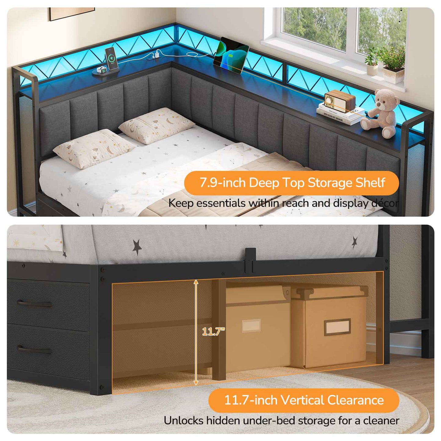 DICTAC | Corner Bed Frame with 6 Storage Drawers, Upholstered Guardrail, Charging Station, Storage Shelves & LED Lights, Modern Platform Daybed for Kids, Teens & Adults, Grey