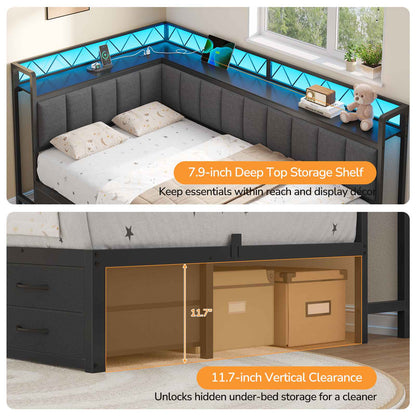 DICTAC | Corner Bed Frame with 6 Storage Drawers, Upholstered Guardrail, Charging Station, Storage Shelves & LED Lights, Modern Platform Daybed for Kids, Teens & Adults, Grey