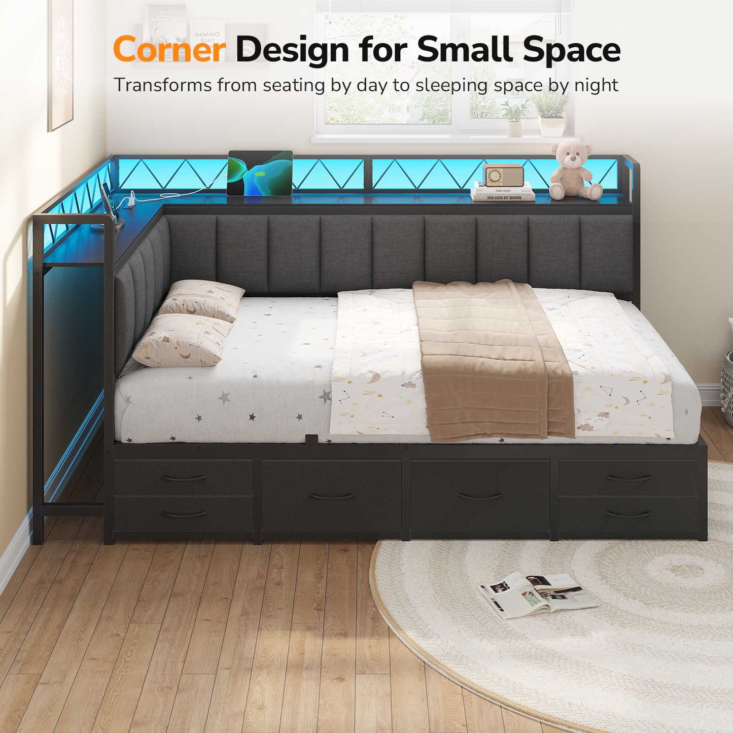 DICTAC | Corner Bed Frame with 6 Storage Drawers, Upholstered Guardrail, Charging Station, Storage Shelves & LED Lights, Modern Platform Daybed for Kids, Teens & Adults, Grey