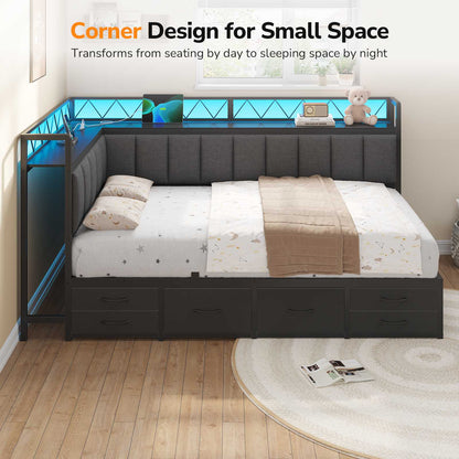 DICTAC | Corner Bed Frame with 6 Storage Drawers, Upholstered Guardrail, Charging Station, Storage Shelves & LED Lights, Modern Platform Daybed for Kids, Teens & Adults, Grey